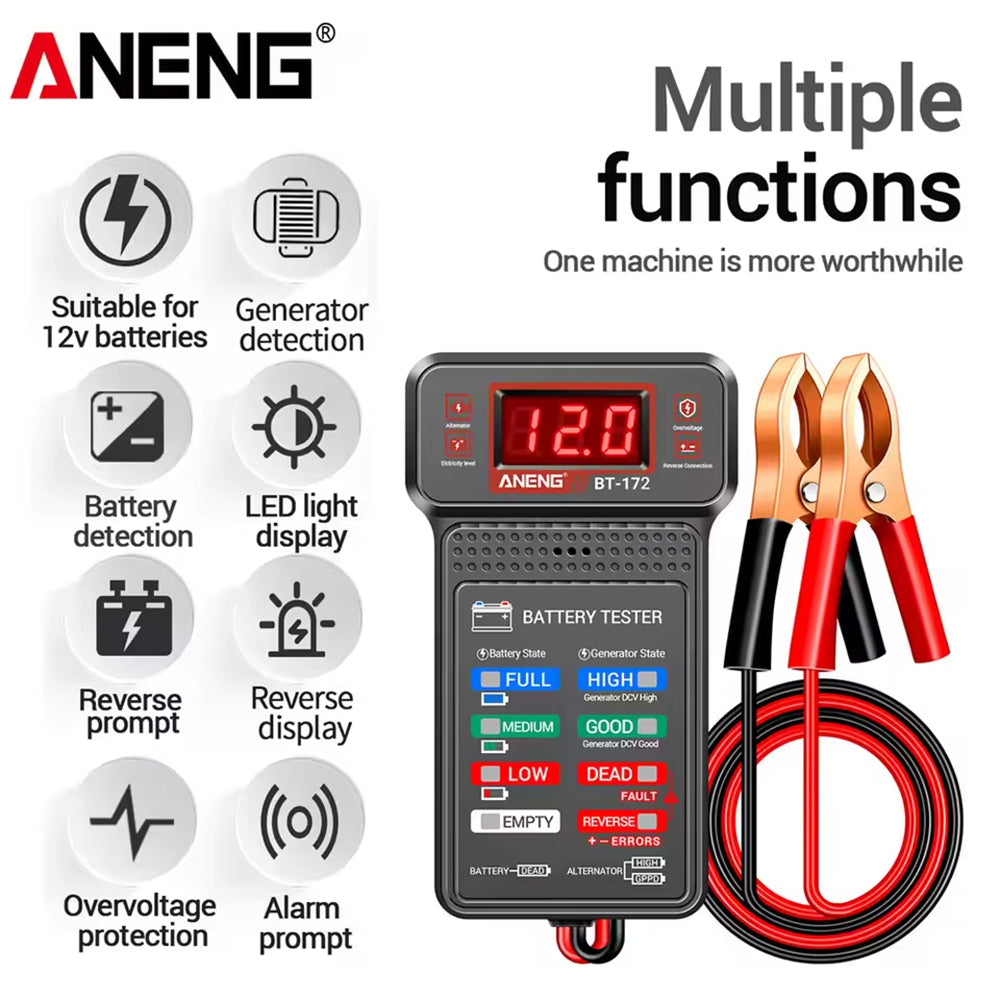 LinkMejor BT-172 12V Digital Battery Tester Battery Indicator with Alligator Clip LED Battery Status Indicator Motor to OL