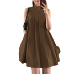 LinkMejor Women Elegant Stand Collar Sundress Sleeveless A-Line Midi Party Prom Dress