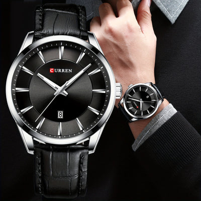 LinkMejor Simple Business Men Quartz Watch Comfortable Leather Strap Waterproof Auto Date Wristwatch