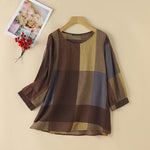 LinkMejor Women Retro Casual 3/4 Sleeve O Neck Shirt Top Plaid Loose Summer Ladylike Blouses
