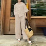LinkMejor Women Vintage Crew Neck Long Sleeve Tops Elastic Waist Wide-Legged Pants Sets