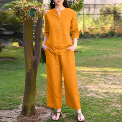LinkMejor Women Vintage Daily Pockets Elastic Waist Solid Color Tops Trousers Solid Color Two-Piece Set