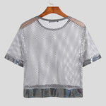 LinkMejor Mens Tshirt Fashion Shiny Mesh Patchwork See Through Fishnet Short Sleeve T-Shirt Summer Cool Short Top