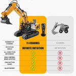 LinkMejor 1061 RTR 1/20 2.4G 11CH RC Car Excavator Alloy Bucket Simulated LED Light Sound 360° Infinitely Rotation Remote Controlled Engineering Vehicle Desktop Toys Model Collection Gift For Boys