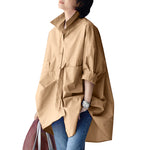 LinkMejor Womens Office Casual Solid Color Long Sleeve Shirts with Pockets Elegant Lapel Button Up Midi Blouse