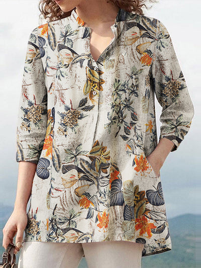 LinkMejor Women Plus Size Cotton Linen Blouses V-Neck Floral Top Vintage Button Cuffs Three Quarter Sleeve Shirt