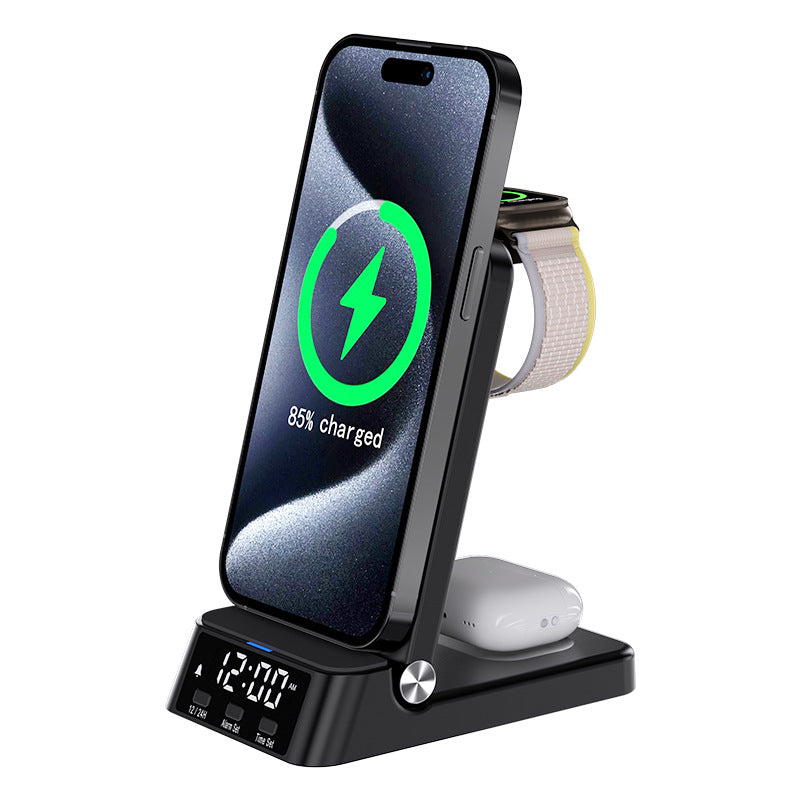 4-in-1 Foldable Alarm Clock 15W Wireless Charger Phone Bracket Fast Wireless Charging Stand for iPhone 17 17 Pro 16 Pro Max 15 14 13 for Huawei Mate XTs for Xiaomi 17pro for Samsung Galaxy S25 Ultra Apple Watch for Airpods