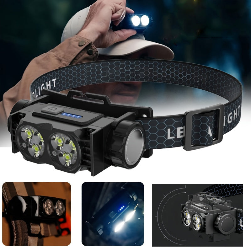 LinkMejor TD-0193 USB Rechargeable Headlamp with Magnetic Handsfree Headlight 6-LED Bright Torch 1200mAh Battery Display & Adjustable Gooseneck for Camping Running Emergency USB Head Mounted Flashlight
