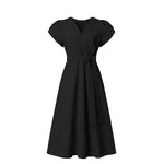 LinkMejor Womens Puff Sleeve V Neck Belted A Line Midi Dress Party Gown Long Dresses