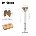 10mm to 50mm Professional Hexagonal Shank Woodworking Hinge Boring Bit Tungsten Carbide Blade Three-Tooth Double Blade Design Multiple Sizes