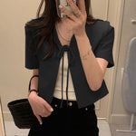 LinkMejor Daily Short Suit Jacket with Tie Front Collar, Short Sleeves Cotton Linen Blend Women's Blazer