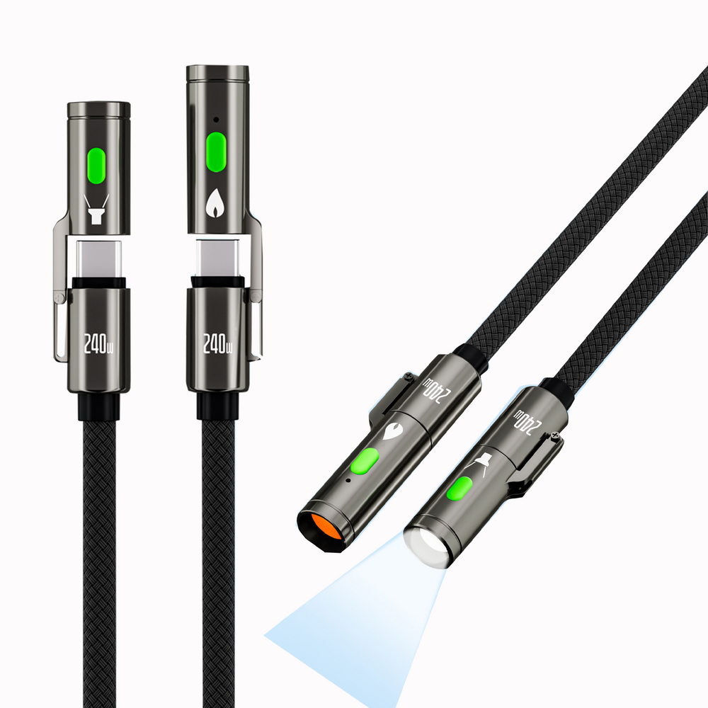LinkMejor PD240W USB C to C Fast Charging Cable with Lighting Cigarete Lighter Function 480Mbps Data Transfer Built-in Flashlight Zinc Alloy Nylon Braided Cables