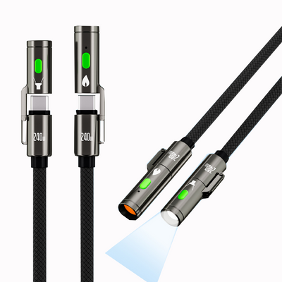 LinkMejor PD240W USB C to C Fast Charging Cable with Lighting Cigarete Lighter Function 480Mbps Data Transfer Built-in Flashlight Zinc Alloy Nylon Braided Cables