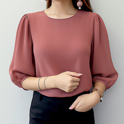 LinkMejor Women's Blouse Casual Lantern Sleeve Round Neck Shirt Plain Party Commute Pullover Tops