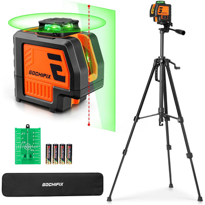 LinkMejor 5 Lines Laser Level with Tripod 2 Plumb Dots Self Leveling Green Line Laser Level Tool for Construction Floor Tile Included Target Plate Battery Carry Bag