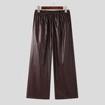 LinkMejor Mens Solid Color Leather Wide-Leg Pant Casual Elastic Waist Straight Legged Pants