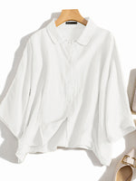 LinkMejor Cotton Solid Button Lapel Ruched Casual Blouse