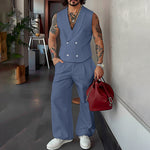 LinkMejor Mens Solid Color Double-Breasted Two Pieces Outfit Sleeveless Blazer Vest Pant Casual Suit for Male
