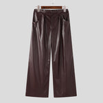 LinkMejor Mens Solid Color Leather Wide-Leg Pant Casual Elastic Waist Straight Legged Pants