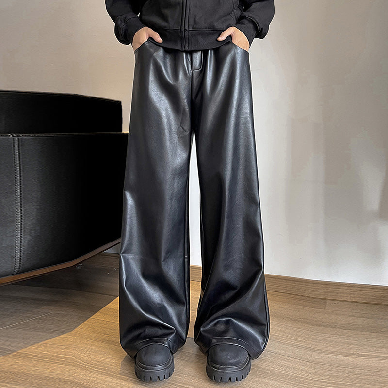LinkMejor Mens Solid Color Leather Wide-Leg Pant Casual Elastic Waist Straight Legged Pants