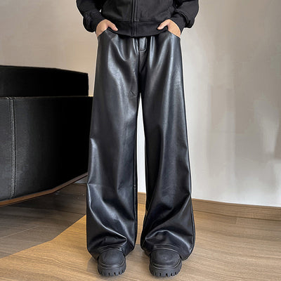 LinkMejor Mens Solid Color Leather Wide-Leg Pant Casual Elastic Waist Straight Legged Pants