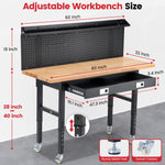 LinkMejor 60-Inch Adjustable Workbench With Pegboard Rubberwood Top LED Light Power Strip Drawer 2000 Lb Capacity Casters And Leveling Feet Garage Workshop Table
