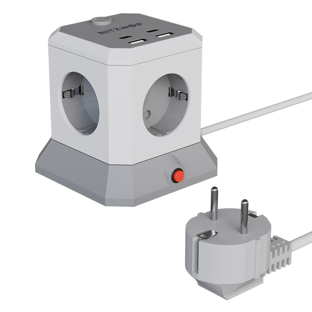 LinkMejor BW-EC1 8-in-1 Vertical Cube EU Socket Plug Power Outlet Extender with 4 AC Outlets / 2 USB-A / 2 USB-C for MacBook iPad Game Office Home