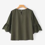 LinkMejor Women Korean Casual Shirt Daily Embroidery Hollow Ruffle Sleeve Blouses