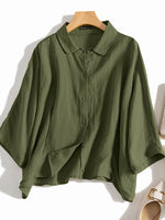 LinkMejor Cotton Solid Button Lapel Ruched Casual Blouse