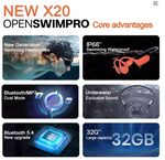 X20 Bone Conduction Earbuds Wireless Bluetooth Headphones with 32G Memory 13mm Speaker Long Battery Life MP3 Dual Mode IPX8 Waterproof Sports Earphones