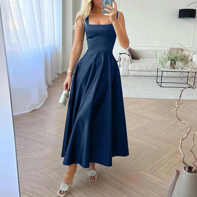 LinkMejor Womens Collect Waist A-Line Sundress Elegant Party Square Neck Tank Dress