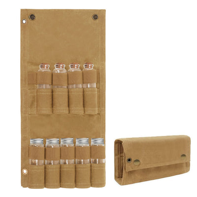 IPRee Reliable Outdoor Camping Spice Bottle Storage Bag Free with 9pcs Glass Spice Bottle Storage Bag BBQ Seasoning Bottle Canvas Bag