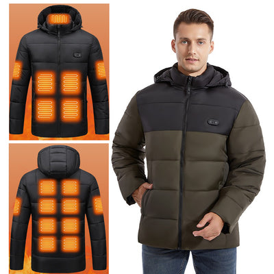 LinkMejor HJ-15G Unisex Cotton-padded Heated Jacket - 15 Heating Areas, USB/DC Charging, Winter Electric Thermal Warm Jacket for Outdoor Hiking Camping