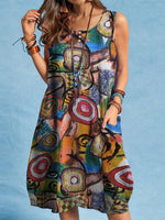 LinkMejor Women Plus Size Abstract Painted Button Pocket Sleeveless Casual Beach Midi Dress