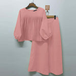 LinkMejor 2pcs Women Loose Fit Long Sleeve Top Long Trousers Casual Solid Color Two Piece Set Plus Size S-5XL