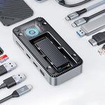 LinkMejor DPM2P9 10-in-1 M.2 SSD Enclosure Docking Station with Cooling Fan PD100W / 10Gbps Type-C*2 / 5Gbps USB3.0*2 / 10Gbps USB3.2 Gen2 / 4K@60Hz HD / 1000M RJ45 / SD&TF3.0 Multi-ports USB-C Hub Splitter Adapter
