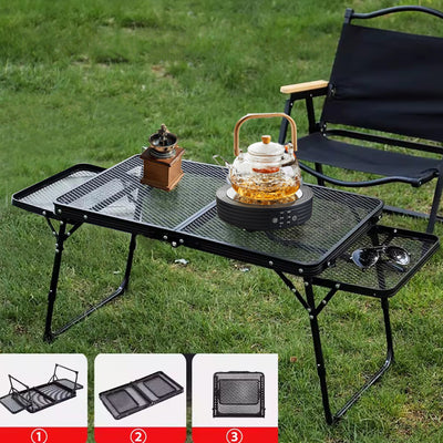 Xmund Outdoor Folding Table with Two Wings, Camping Table with a Mesh Surface, Portable Adjustable Height Barbecue Table, Aluminium Alloy Dining Table for Picnics, Camping, Barbecues, And The Beach