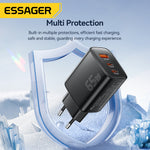 [GaN Tech] ESSAGER RC65WCF 65W 3-Port USB PD Charger USB-A+2USB-C PD3.0 QC4.0 PPS Fast Charging Wall Charger Adapter EU Plug for iPhone 17 17Pro Max 16 15 14 for Xiaomi 17pro for Huawei Mate XTs for SAMSUNG for OPPO