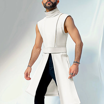LinkMejor Mens Solid Color Split Design Sleeveless T-Shirt Fashion Half Turtleneck Top for Male