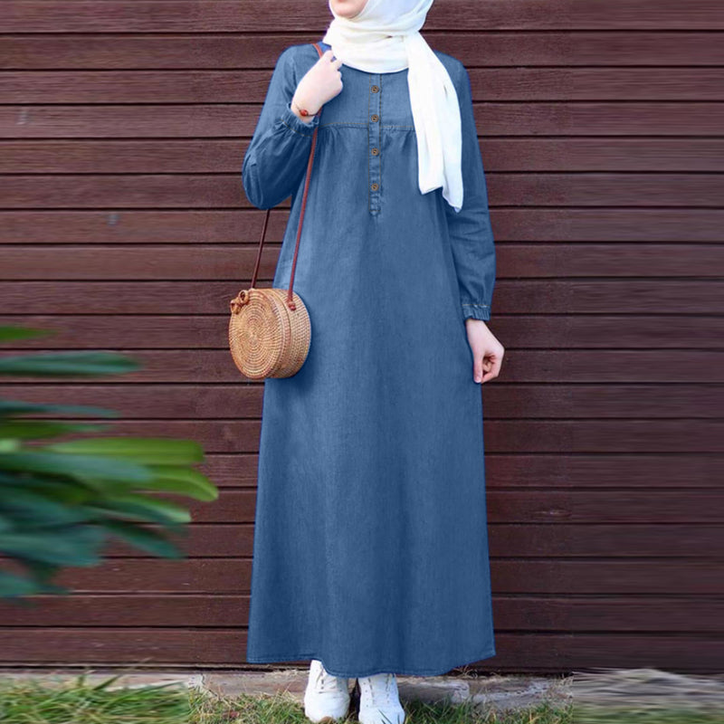 LinkMejor Women Vintage Round Neck Denim Dresses Casual Lantern Sleeve Solid Maxi Dress