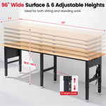 LinkMejor 96Inch Adjustable Work Bench 5000 LBS Capacity Heavy Duty Workbench with Power Outlet & Pegboard Rubber Wood Work Table for Garage Workshop Office Home