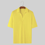 LinkMejor Mens Solid Textured Casual Short Sleeve Shirt Fashion V-neck Lapel Top for Male