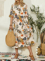 LinkMejor Plus Size Women Beach Long Dress Retro Floral Printed Round Neck Three Quarter Sleeve Pleated Beach Maxi Dresses