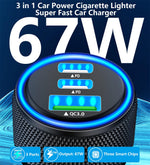 67W 3-Port USB PD Car Charger Adapter USB-A+2USB-C PD3.0/2.0 QC4.0+/03.0/2.0 Support PPS FCP AFC DCP BC1.2 Fast Charging with Blue LED for iPhone 16 16 Pro 15 14 13 Pro Max for Huawei Pura X for Xiaomi 15pro for Samsung Galaxy S25 Ultra