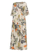 LinkMejor Plus Size Women Beach Long Dress Retro Floral Printed Round Neck Three Quarter Sleeve Pleated Beach Maxi Dresses