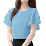 LinkMejor Women Fashion Short Sleeve Ruffles Blouse Elegant Office OL Shirt Casual O Neck Solid Tops