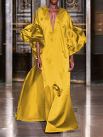 Puff Sleeve Ruffles Loose Fit V-Neck Leisure Maxi Dress For Women