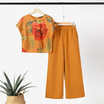 LinkMejor Women's 2pcs Suits Floral Short Sleeve O-Neck Top Elastic Waist Wide Leg Trousers Vintage Sets