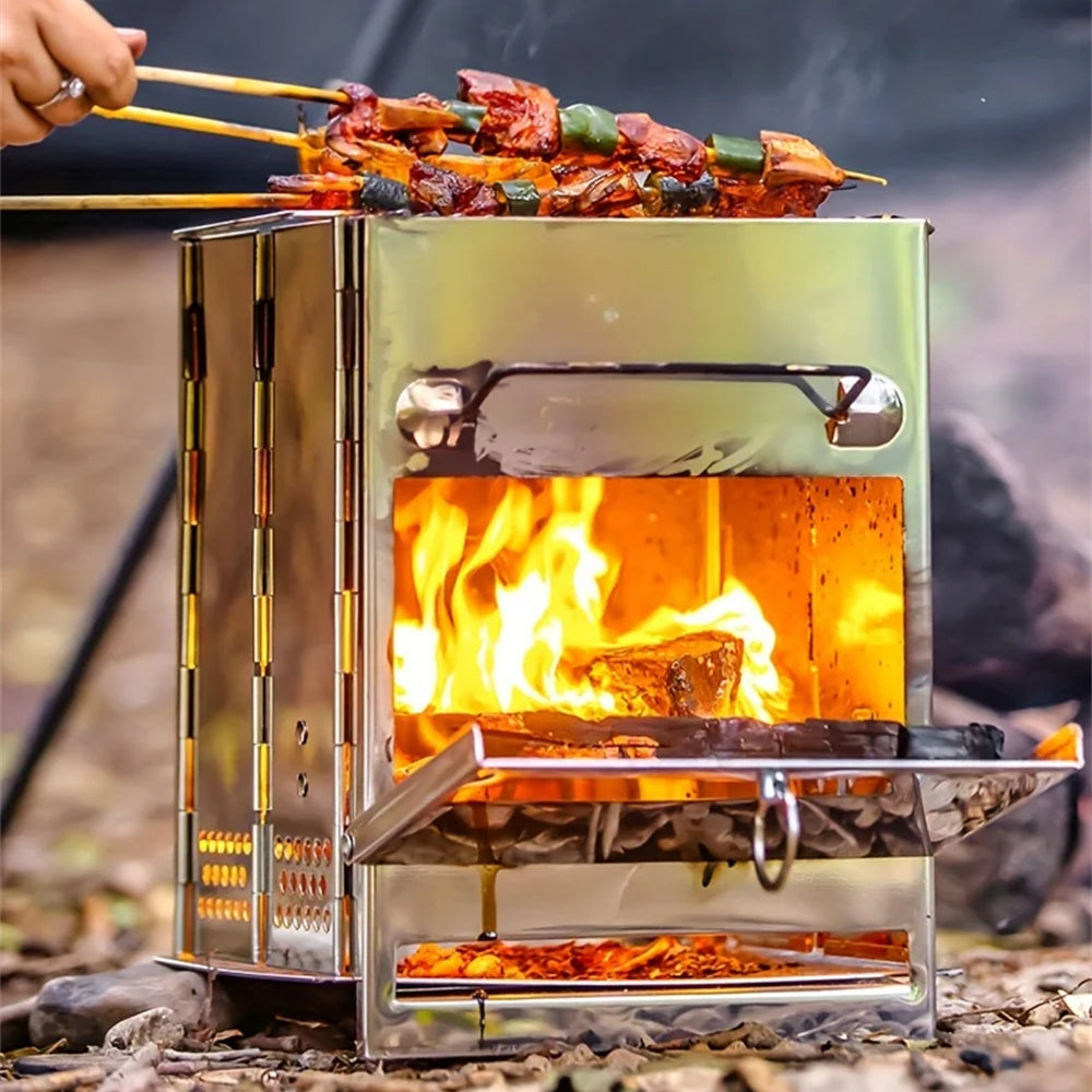 IPRee Folding Stainless Steel Oven Portable Wood Burner Camping Wood Stove Mini BBQ Grill Carry Bag Camping Supplies Fire Wood Heater