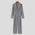 LinkMejor Men Jumpsuits Corduroy double-breasted Suit Collar Long-sleeved Casual One-piece Suit for Men with Side Pockets
